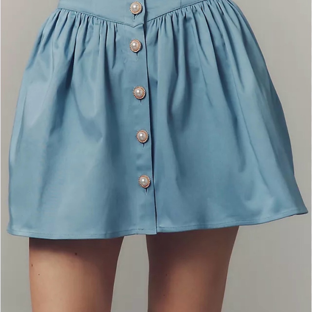 Anthropologie Sky Blue Mini Skirt with Pearl Buttons